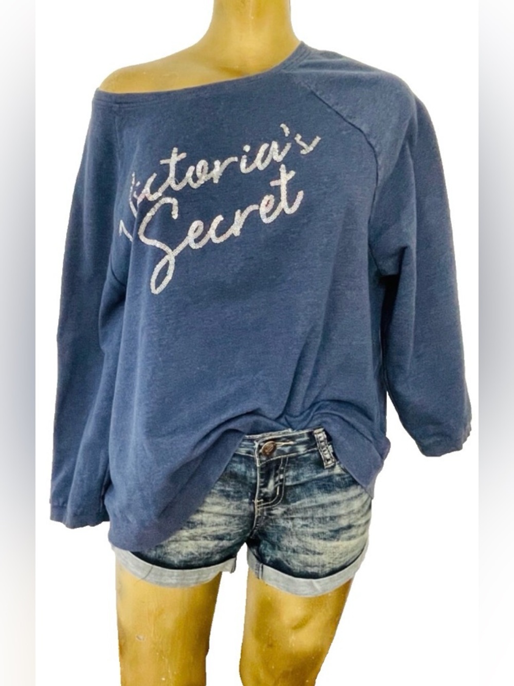 VICTORIA’S SECRET Slouchy Iridescent SEQUIN Logo Denim Blue SWEATSHIRT Large
